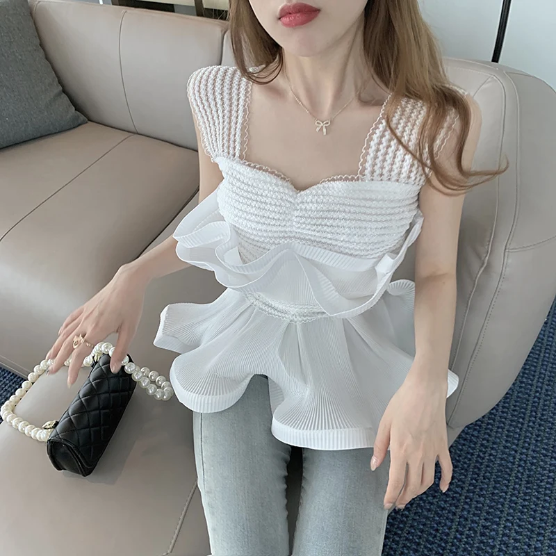 

Sexy Stretch White Lace Organza Patchwork Sheath Camis Summer Women Pleated Wave Ruffles Hem Strapless Chiffon Shirt Tops