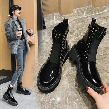 Hot Short Boots Natural Leather Stretch Rivet Decorations Platform Round Toe High Heel Slip on Coolest Ankle Boots
Hot Short Boots Natural Leather Stretch Rivet Decorations Platform Round Toe High Heel Slip on Coolest Ankle Boots