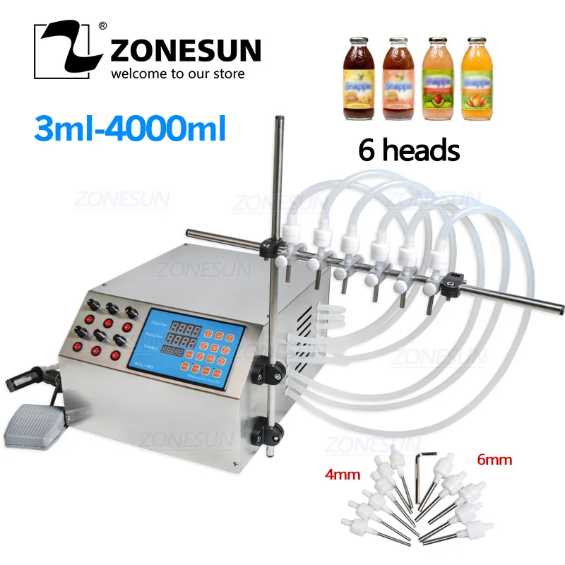 ZONESUN Electric Digital Control Pump Liquid 6 Heads Filling Machine Perfume Water Juice Essential Oil Beverage 3-4000ml |