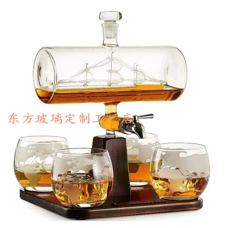 Whiskey Decanter Antique Ship Whiskey Dispenser for Liquor Scotch Bourbon Vodka Decanter with Finished Wood Stand