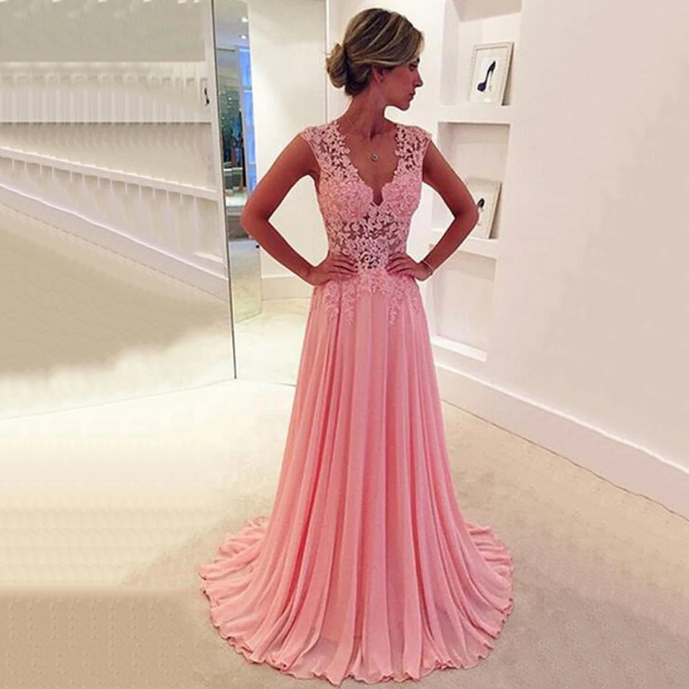 2019 Long Pink Chiffon A Line Prom Dresses Elegant V Neck Appliques Lady Party Dress Sheer Back Evening Party Gowns Hot Sale
2019 Long Pink Chiffon A Line Prom Dresses Elegant V Neck Appliques Lady Party Dress Sheer Back Evening Party Gowns Hot Sale