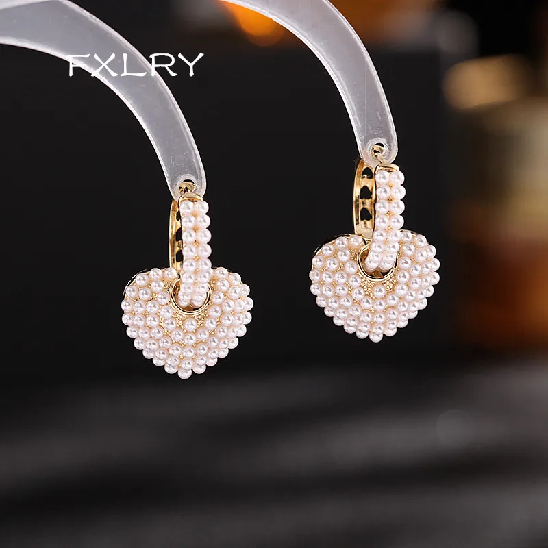 

FXLRY Fashion Jewelry Sweet Love Full Pearl Small Hoop 14K Real Gold Earrings Elegant Women Wedding Party Earrings
