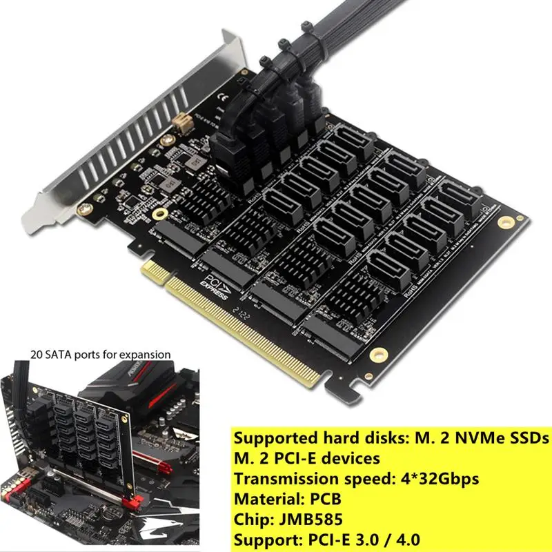 Плата расширения PCIE X16 NVME M.2 RAID плата PCI-E-SATA 20 портов адаптер JMB585 для ASUS Hyper M.2X16 |