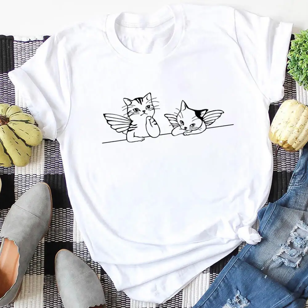 

Angel Cute Cats Graphic Print 100%Cotton Women Tshirt Cat Mom Life Funny Summer Casual O-Neck Short Sleeve Tops Pet Lover Gift