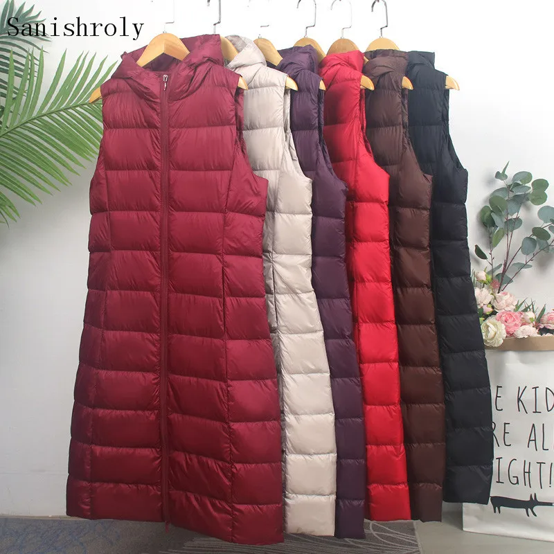 

Sanishroly Autumn Winter Women Hooded Waistcoat Ultra Light White Duck Down Vest Parka Female Long Sleeveless Vest Tops SE1107