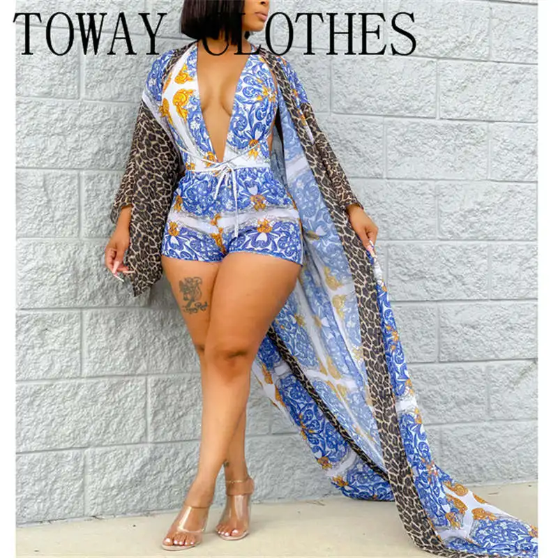 Women Summer All Over Print Halter Sleeveless Skinny Romper With Long Sleeve Coat Suit Sets 2PCS
Women Summer All Over Print Halter Sleeveless Skinny Romper With Long Sleeve Coat Suit Sets 2PCS
