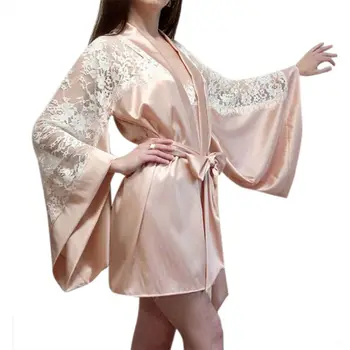 

Womens Plus Size Long Batwing Sleeves Lingerie Night Robe Faux Silk Sheer Eyelash Floral Lace Patchwork Nightgown Bowknot Sash