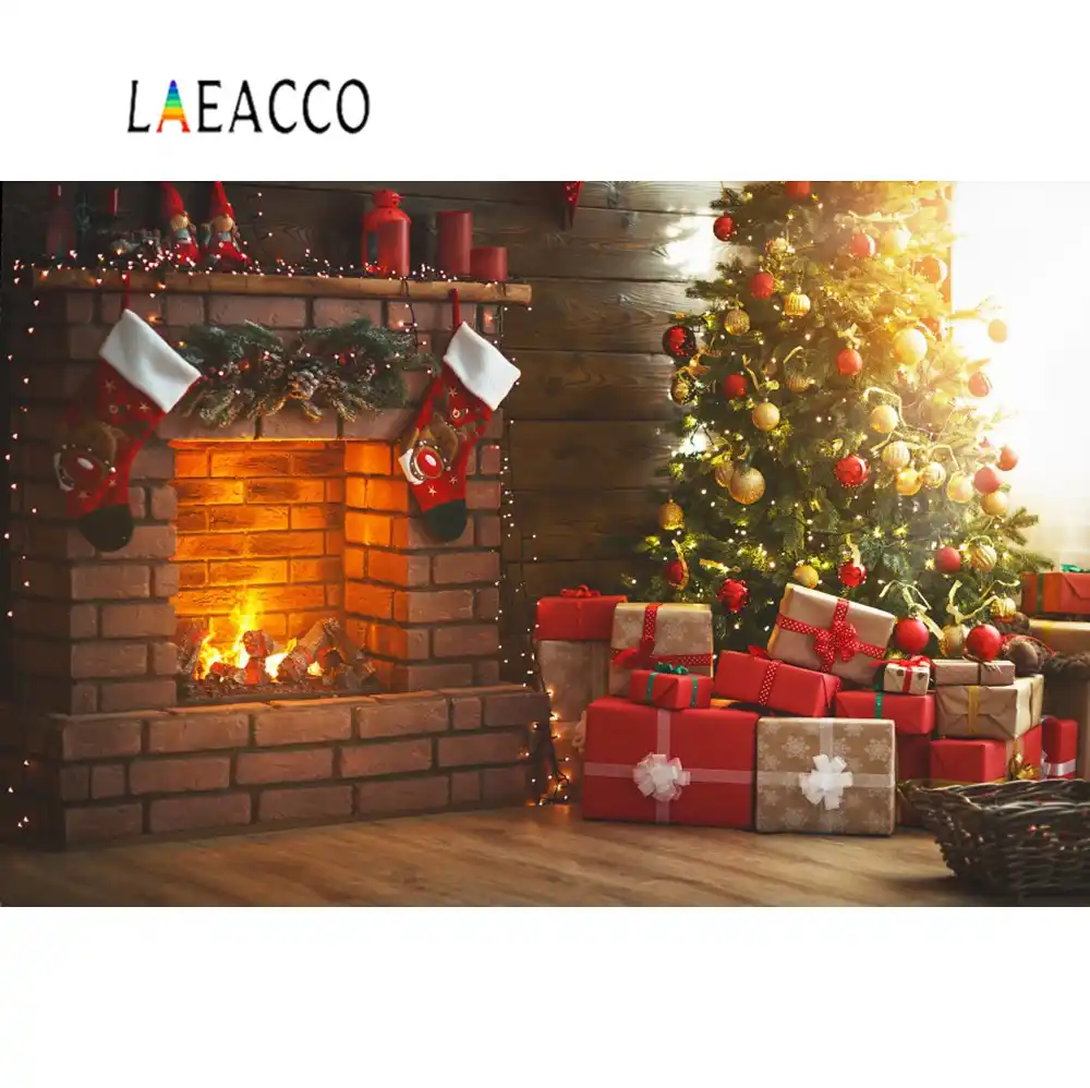 laeacco photographic backdrops christmas tree fireplace gift