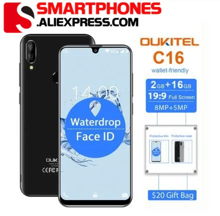 OUKITEL C16 смартфон 5 71 '✙:9 экран водослива Android 9 0 2 Гб 16 отпечаток пальца лица ID 2600