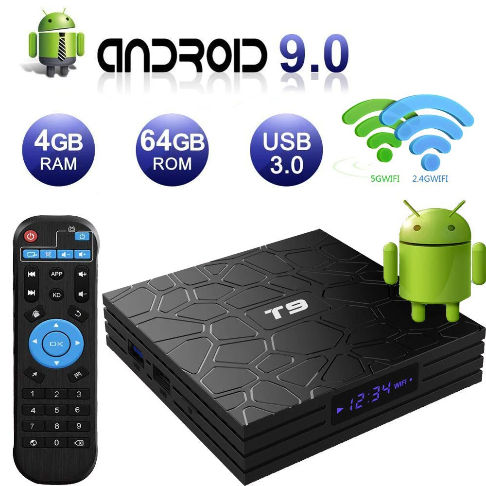 

T9 Smart TV Box Android 9.0 Set Top Box 4GB RAM 64GB ROM 4K H.265 2.4G&5G Dual WiFi RK3328 Quad Core Home Theatre Media Player