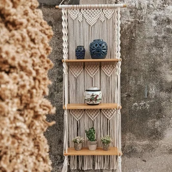 Retail Boho Macrame Wall Hanging Shelf 3 Tier Handmade Woven Tassel Wood Organizer Shelves Wall Floating Hanger for Home Decor