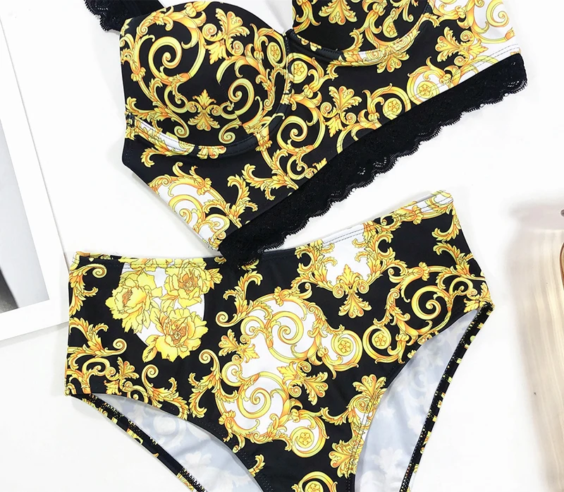 Sexy High Waist Bikini 2020 Female Swimsuit Women Swimwear Two-pieces Bikini set Lace Straps Bather Yellow Print Bathing Suit