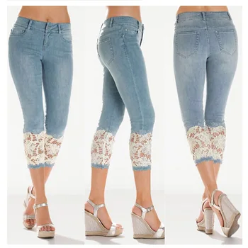 Women Light Blue Denim Crochet Lace Skinny Legs Stretch Pencil Lace Jeans Short 
Women Light Blue Denim Crochet Lace Skinny Legs Stretch Pencil Lace Jeans Short