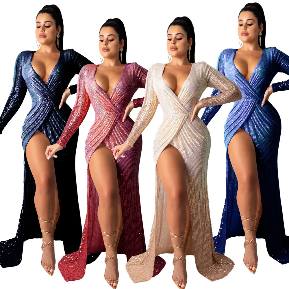 Women Sequins Long Sleeve V-neck High Split Bodycon Maxi Dress Lady Vintage Sexy Club Night Evening Long Dresses Vestidos GL8142
Women Sequins Long Sleeve V-neck High Split Bodycon Maxi Dress Lady Vintage Sexy Club Night Evening Long Dresses Vestidos GL8142