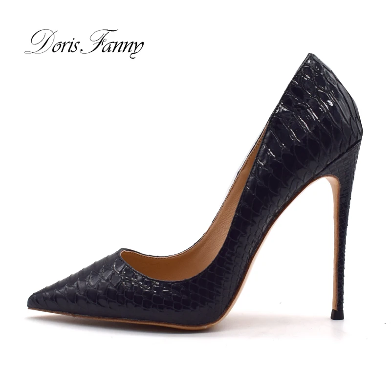 

Doris Fanny Women Black Pumps Snake Print Slip On Stiletto 12CM High Heel Classic Ladies Fashion Shoes