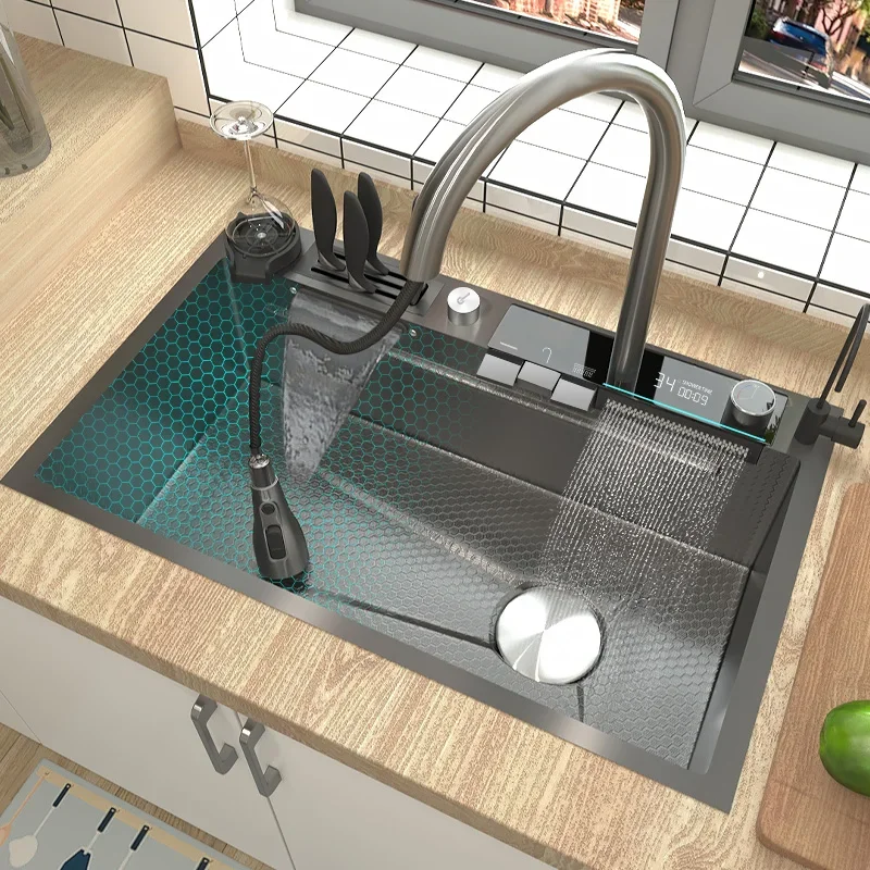Double Waterfall Sink Stainless Steel Kitchen Sink Digital Display Embossed Single Slot Multifunctional Wash Basin For Kitchen
Double Waterfall Sink Stainless Steel Kitchen Sink Digital Display Embossed Single Slot Multifunctional Wash Basin For Kitchen