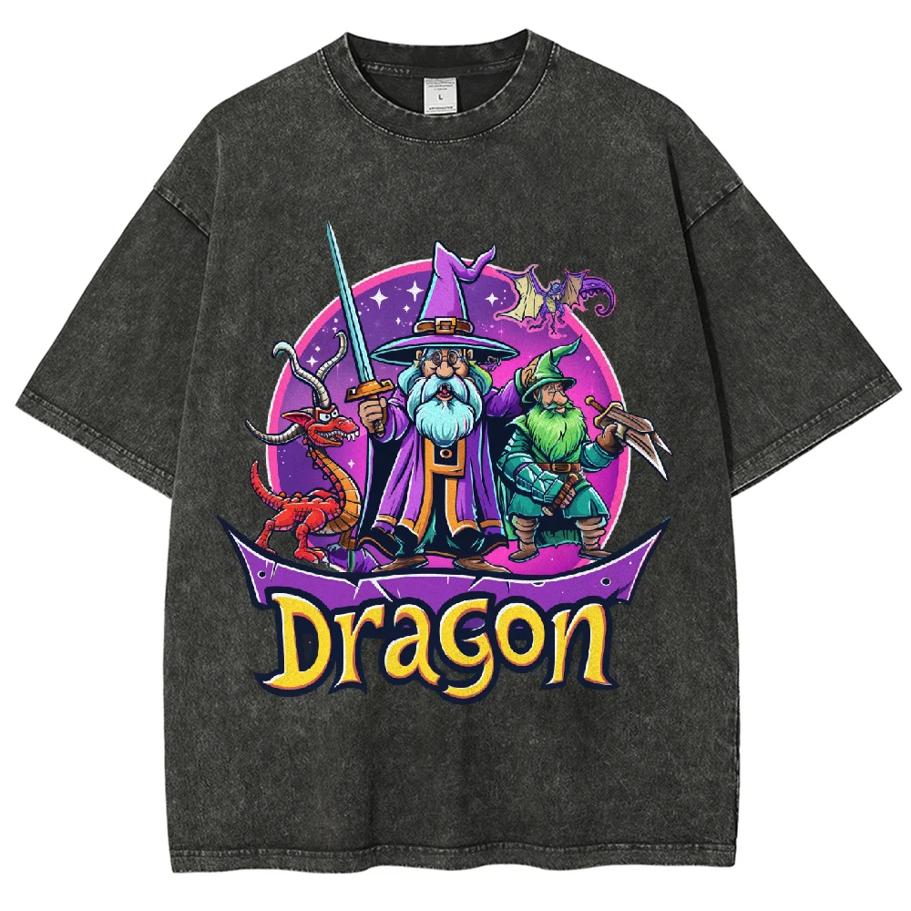 

Witch Dragon Anime Cute Cat T-shirts Berserk Washed Short T-shirts for Men Woman Graphic Print TShirt, Acid Washed Oversized