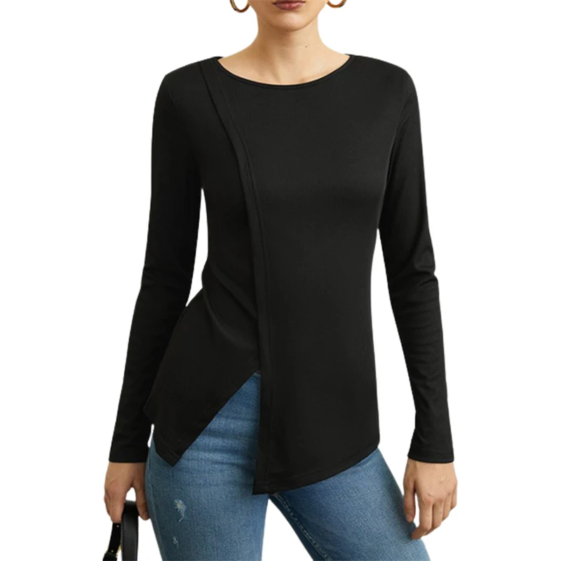 

Yeezzi Urban Female Fashion Solid Color Split-Joint Round-Neck Skinny Tops 2023 Spring Autumn Long Sleeve Causal Simple T-Shirts