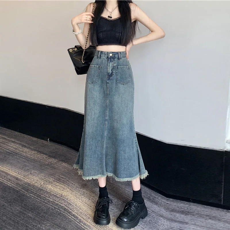 

Denim Skirt Women's Summer 2024 New High Waisted Ruffled Fringe Fishtail Skirt Mid-Length Elegant Jean Skirt Korean Girls Skirts