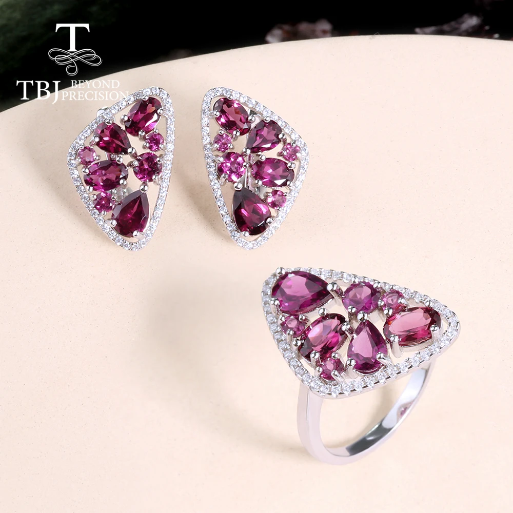 

Natural Gem Red Garnet Ring Earrings Jewelry Set 925 Sterling Silver Fine Jewelry Anniversary Banquet women Gift