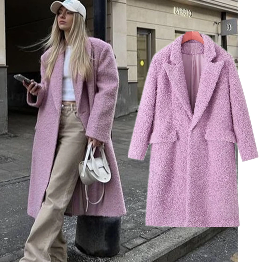 

Jenny&Dave Elegant Long Wnter Coat Loose Straight Trench Coat Women Ladies French Fashion Blogger Light Purple Woolen Coat