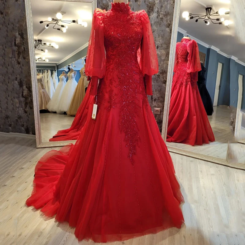 

Red Luxury High Neck Evening Dresses 2024 Crystal Beading Applique Lace Tull Long Sleeved A-Line Evening Gowns فساتين السهرة
