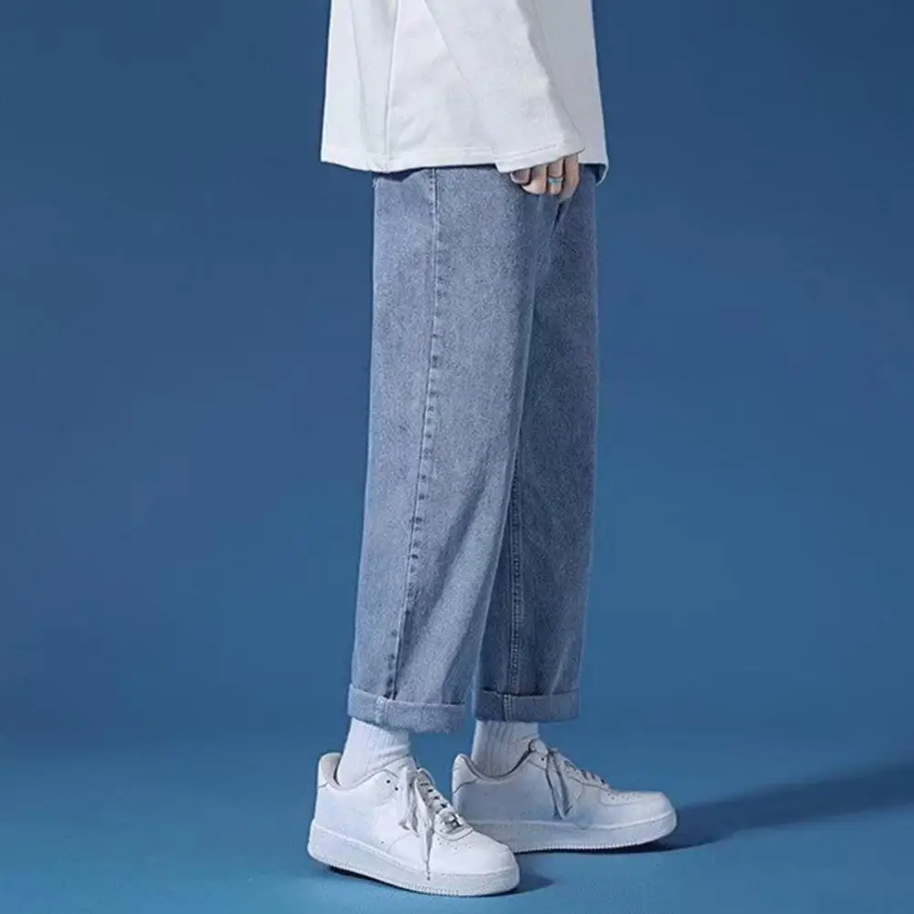 

Men Denim Pants Streetwear Men's Wide Leg Denim Pants with Zipper Fly Pockets Casual Loose Fit Jeans for A Stylish Look Men Long