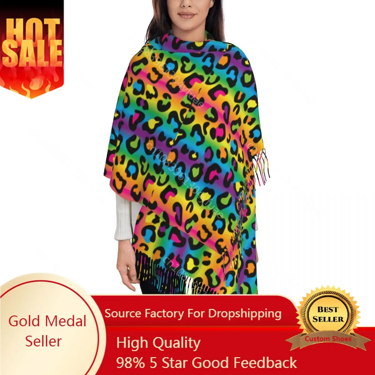 

Womens Tassel Scarf Rainbow Leopard Long Soft Warm Shawl and Wrap Lgbt Pride Gifts Cashmere Scarf