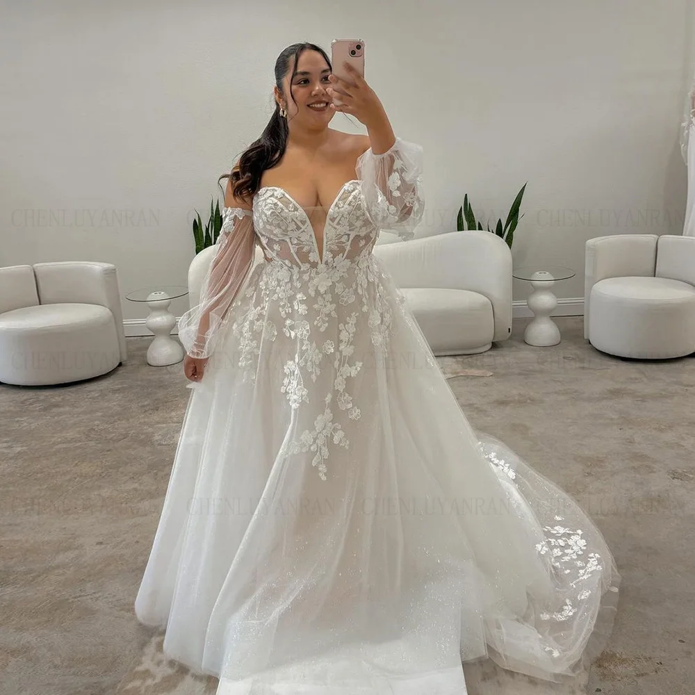 

Beach Sweetheart Wedding Dresses Applique Puff Sleeves Long Bride Dress Glitter Ivory Tulle Dress For Women 2024 Robe De Mariée