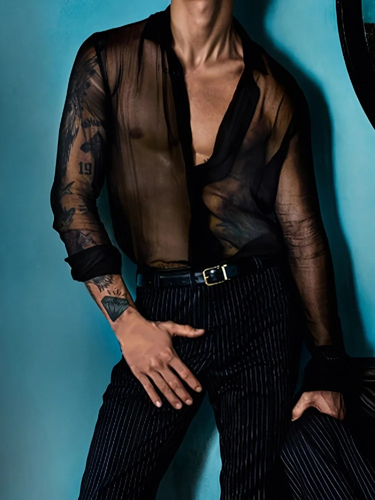 

Men Sexy Fashion Loungewear Shirts, Spring Summer See Through Long Sleeve Tops, New Solid Turn-Down Collar Elegant Male Cardigan