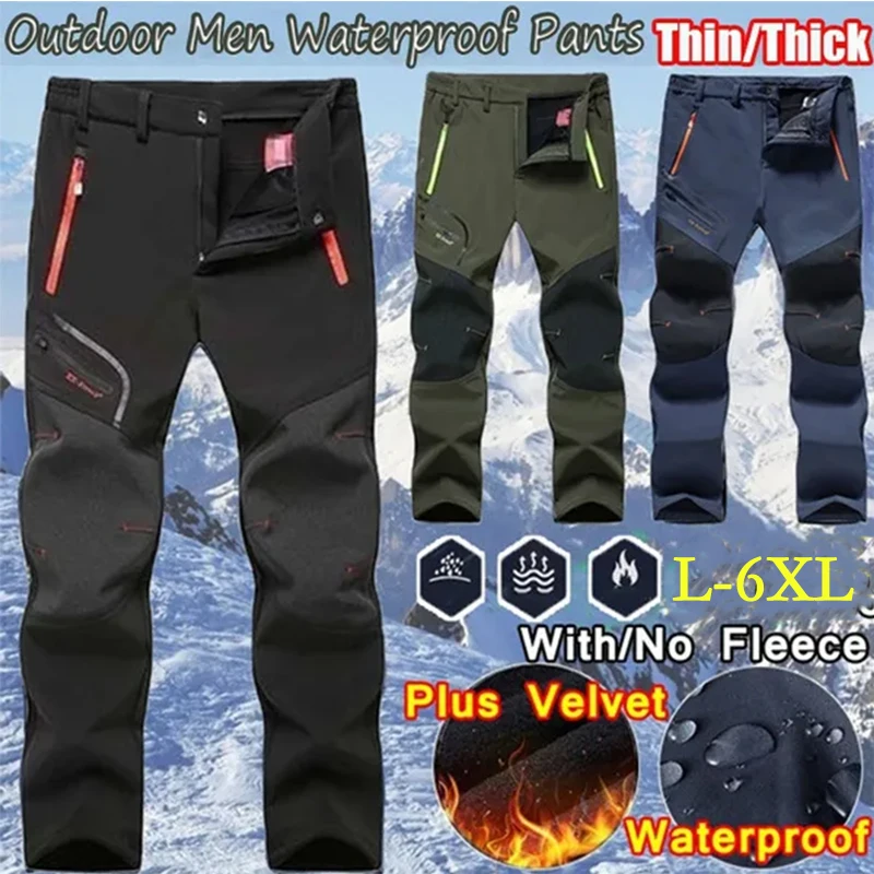 

L-6XL Men's Outdoor Waterproof Trekking Hiking Trousers Camping Climbing Fishing Skiing Softshell Fleece Thick Warm Long Pants