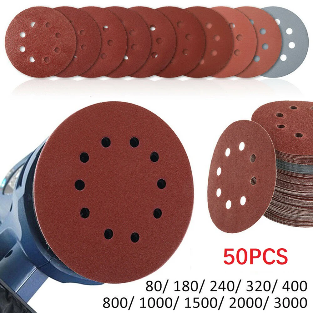 

50pcs Sanding Discs With 8 Holes 125mm Aluminium Oxide Hook And Loop Round Shape For Orbital Sanders Sandpaper