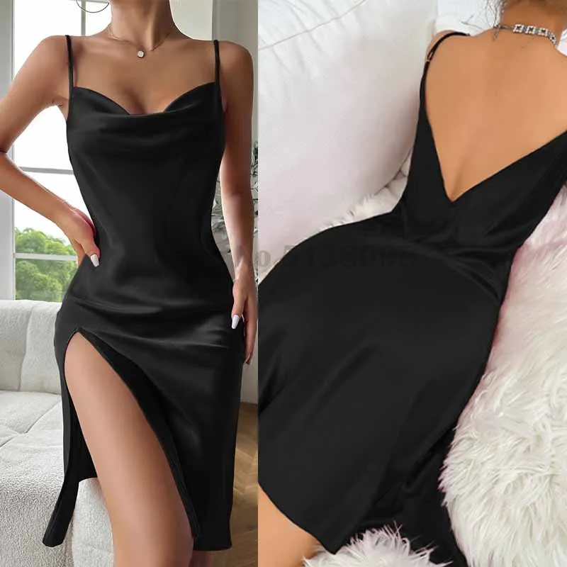 

Sexy Split Spaghetti Strap Sleepwear Solid Color Minimalist New Dress Satin Lingeries for Woman Nightgown Loose Casual Nightwear