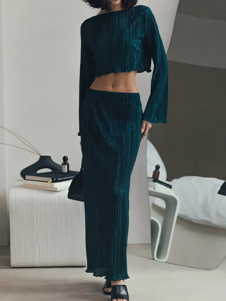 

Повседневная плиссированная юбка, женский летний укороченный топ с расклешенными рукавами, Женский Элегантный Модный комплект из двух предметов с оборками и эластичной резинкой на талии