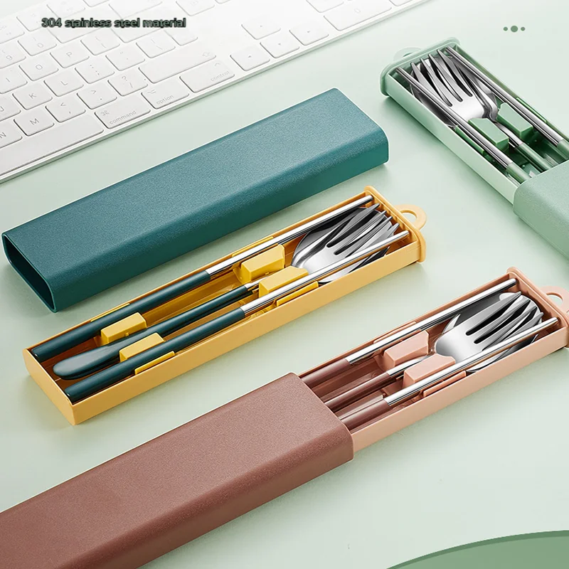 

Kitchen Tableware Set Stainless Steel Cutlery Dinnerware Fork Spoon Chopsticks With Storage Box Portable Outdoor Travel Flatware