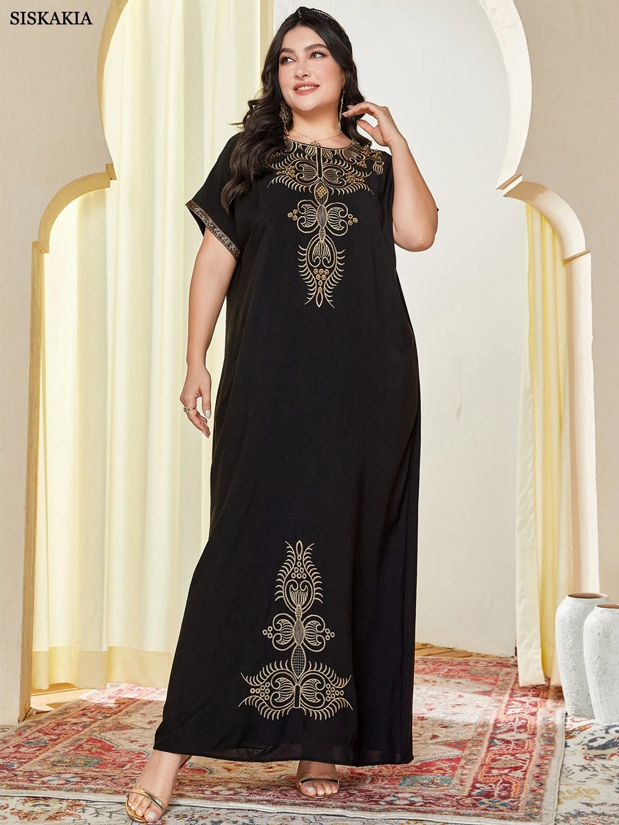 Plus Size Dress for Women Black Vintage Ethnic Embroidered Beaded O Neck Short Sleeve Maxi Dresses Loose Arab Summer Clothes New
Plus Size Dress for Women Black Vintage Ethnic Embroidered Beaded O Neck Short Sleeve Maxi Dresses Loose Arab Summer Clothes New