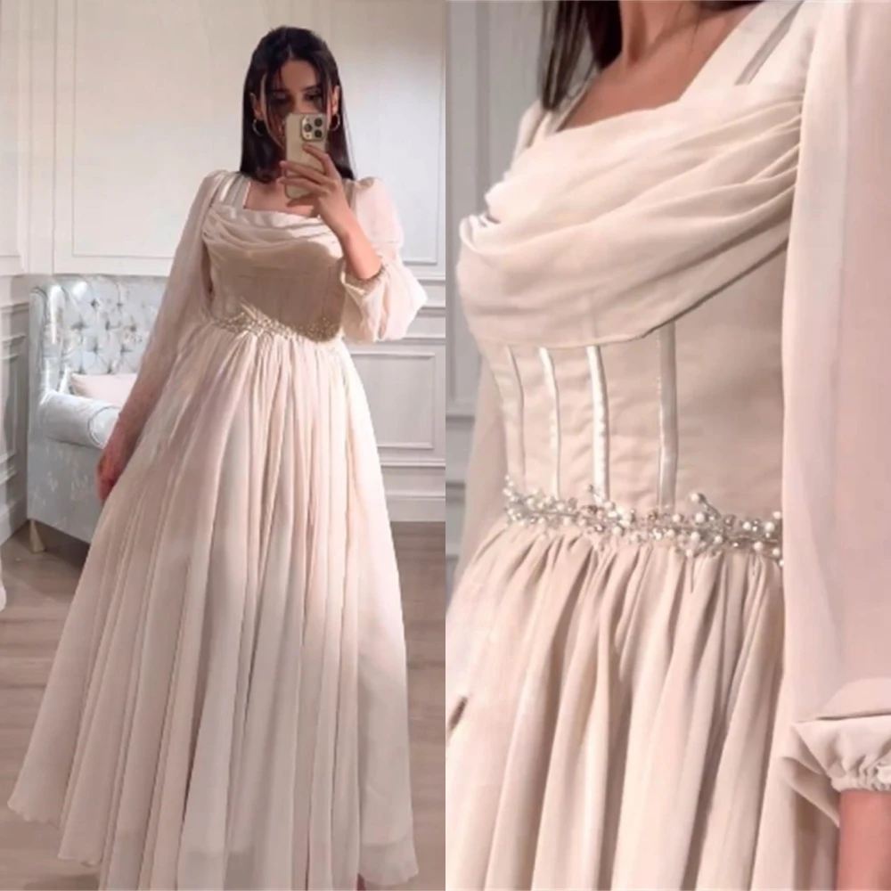 

Prom Dress Fashion Square Empire Celebrity Dresses Ankle Length Long Sleeve Chiffon Ruched Formal Evening Gowns платье женское