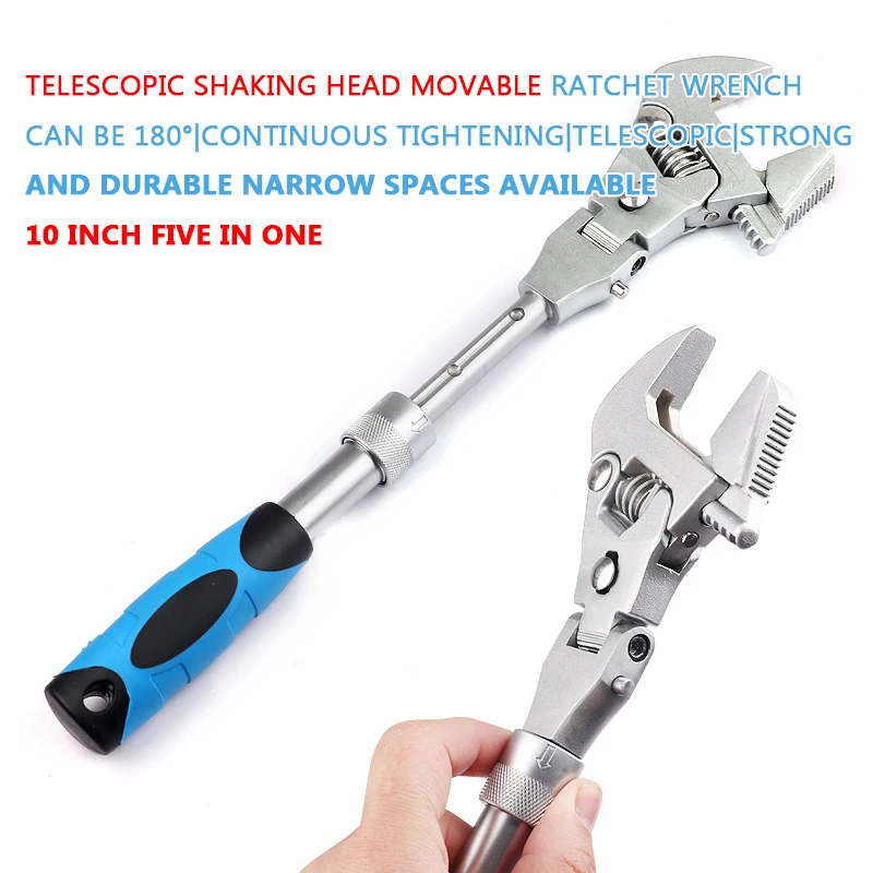 Multifunctional five-in-one 10-inch retractable movable wrench folding shaking head ratchet wrench
Multifunctional five-in-one 10-inch retractable movable wrench folding shaking head ratchet wrench