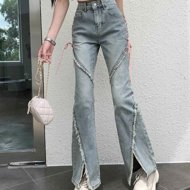 

American Split Jeans Women Pink Bandage High Waist Irregular Spliced Denim Pants Zipper Fly Trousers Y2k Pantalon Femme