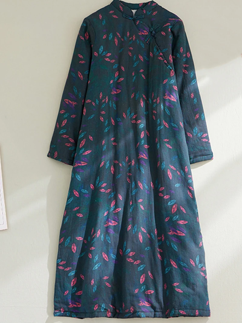 

Винтажное платье в китайском стиле из хлопка и льна, женское свободное утепленное платье-Ципао с воротником-стойкой, Модное Элегантное повседневное женское платье