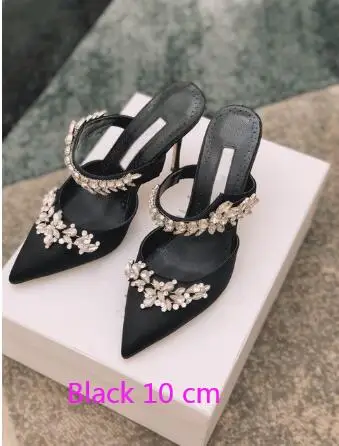 

women's new high heels satin rhinestone Lurum Crystal-Embellished Satin Mules ankle straps slip on dazzle pointed toe sandals