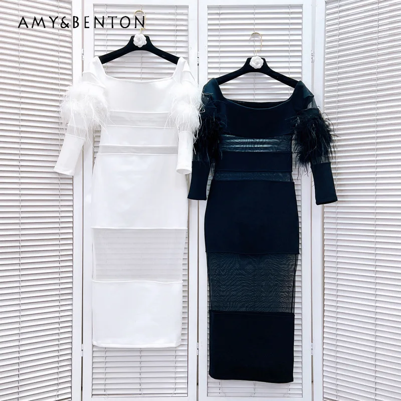 Light Luxury Off-Neck Feather Long Sleeve Bandage One-Piece Dress Sexy Mesh See-through Vestidos Vintage Clothes New Spring 2024
Light Luxury Off-Neck Feather Long Sleeve Bandage One-Piece Dress Sexy Mesh See-through Vestidos Vintage Clothes New Spring 2024