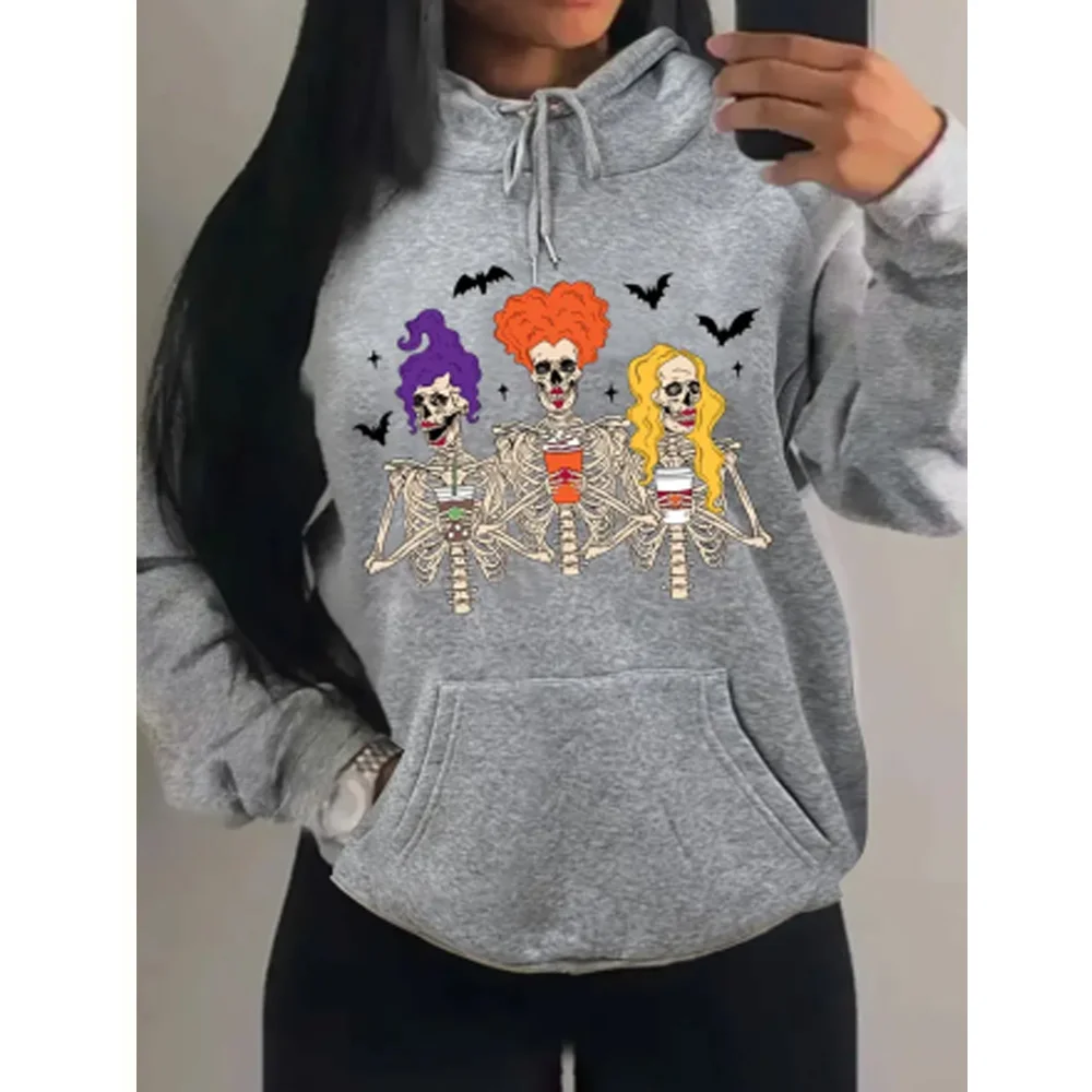 

Halloween Sweatshirt Women's Plus Funny Skull & Bat Print Long Sleeve Drawstring Hooded Pullover With Kangaroo Pocket