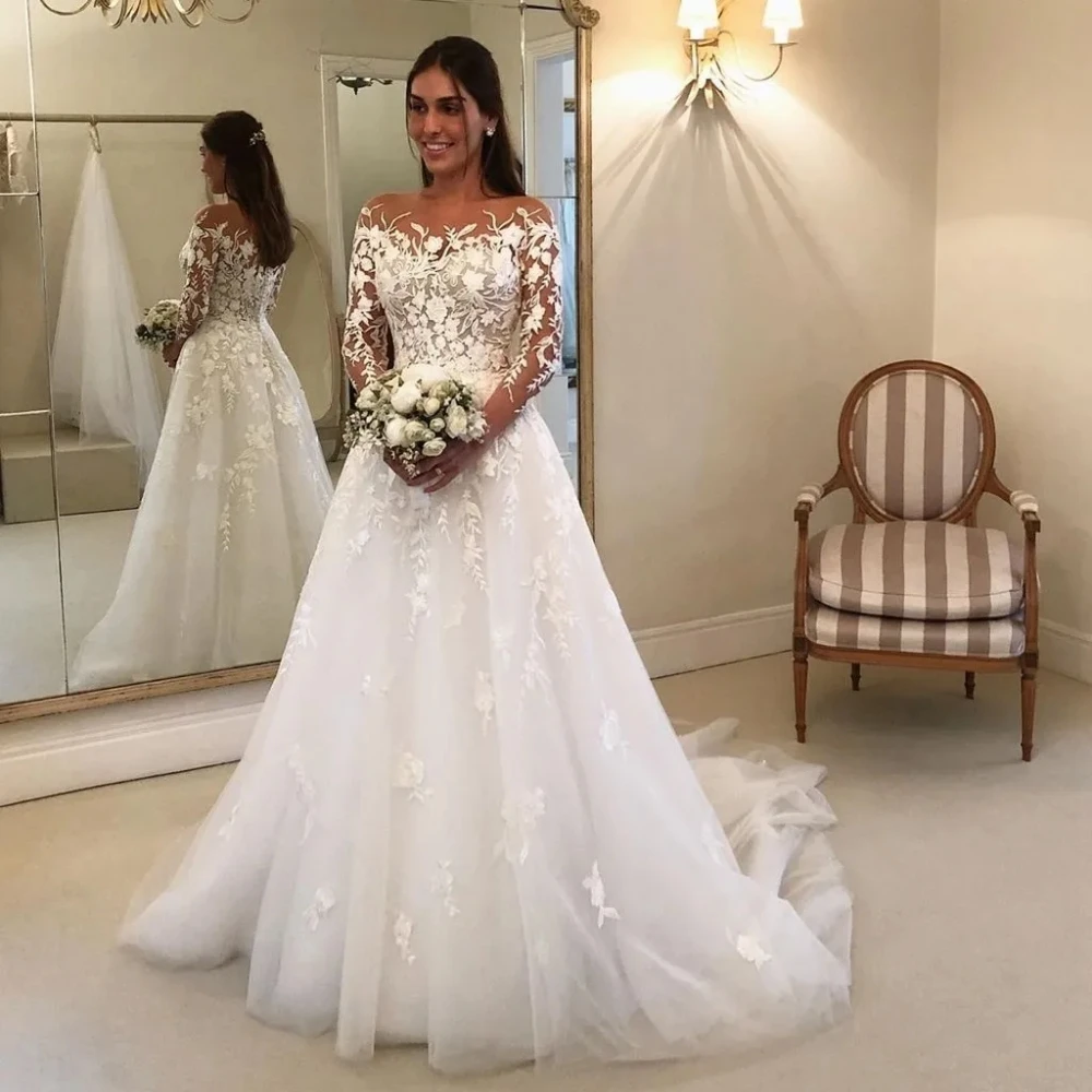 

2024 Long Sleeves Lace Wedding Dresses Sheer O-Neck A Line Covered Button Back Bridal Gowns Tulle Sweep Train Vestido De Noiva