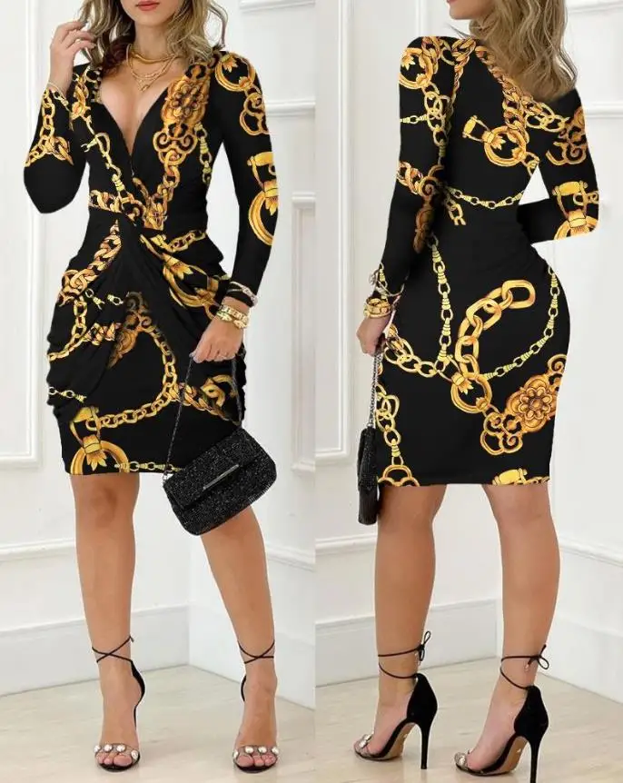 

Womens Dresses 2024 Spring Fashion Chain Print Twist Detail Sexy Plunge Long Sleeve Skinny Mini Party Dress