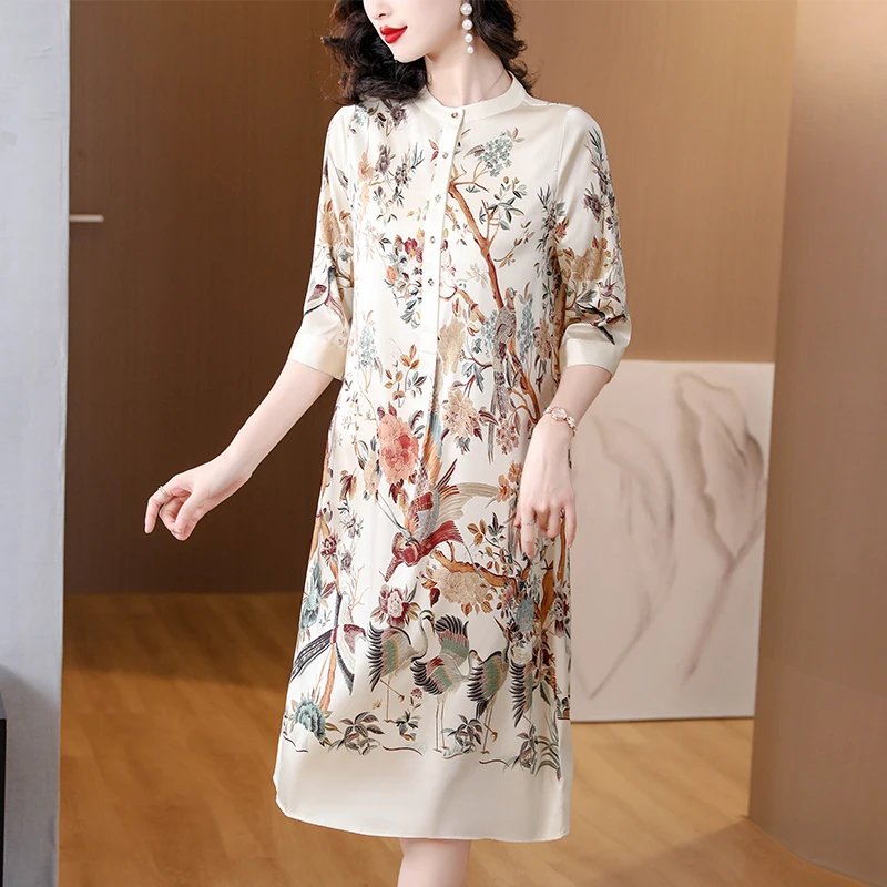 2023 New Fashion Silk Printed Dress Women's Summer Vintage Round Neck 5/4 Sleeve Loose Fit Casual Holiday Dress Vestidos
2023 New Fashion Silk Printed Dress Women's Summer Vintage Round Neck 5/4 Sleeve Loose Fit Casual Holiday Dress Vestidos
