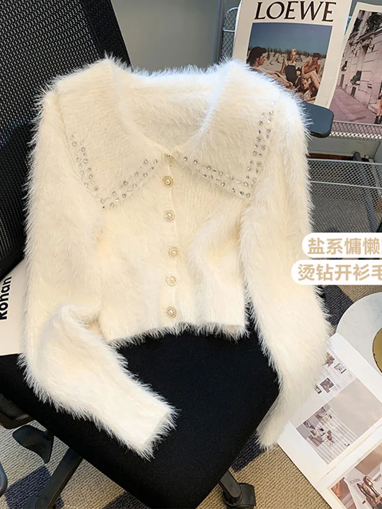 

Kawaii Peter Pan Collar Cardigans Plush Cozy Outerwear Single Breasted V-Neck Knitted Sweater Luxury 90s Mori Girl Autumn Winter