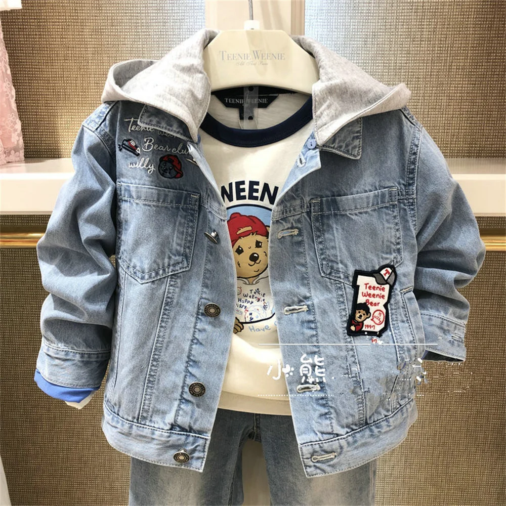 

Корейская версия детских курток с маленьким медведем, Весенняя джинсовая куртка для мальчиков, Модная Джинсовая куртка со съемной шапкой