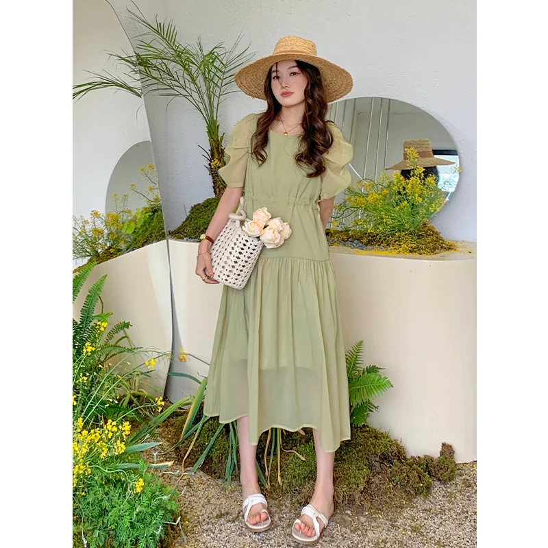 

Women's Loose Casual Solid Color Dress Summer O-Neck Pile Up Sleeve Draw String Midi Dress French Elegant Party Fairy Dresses