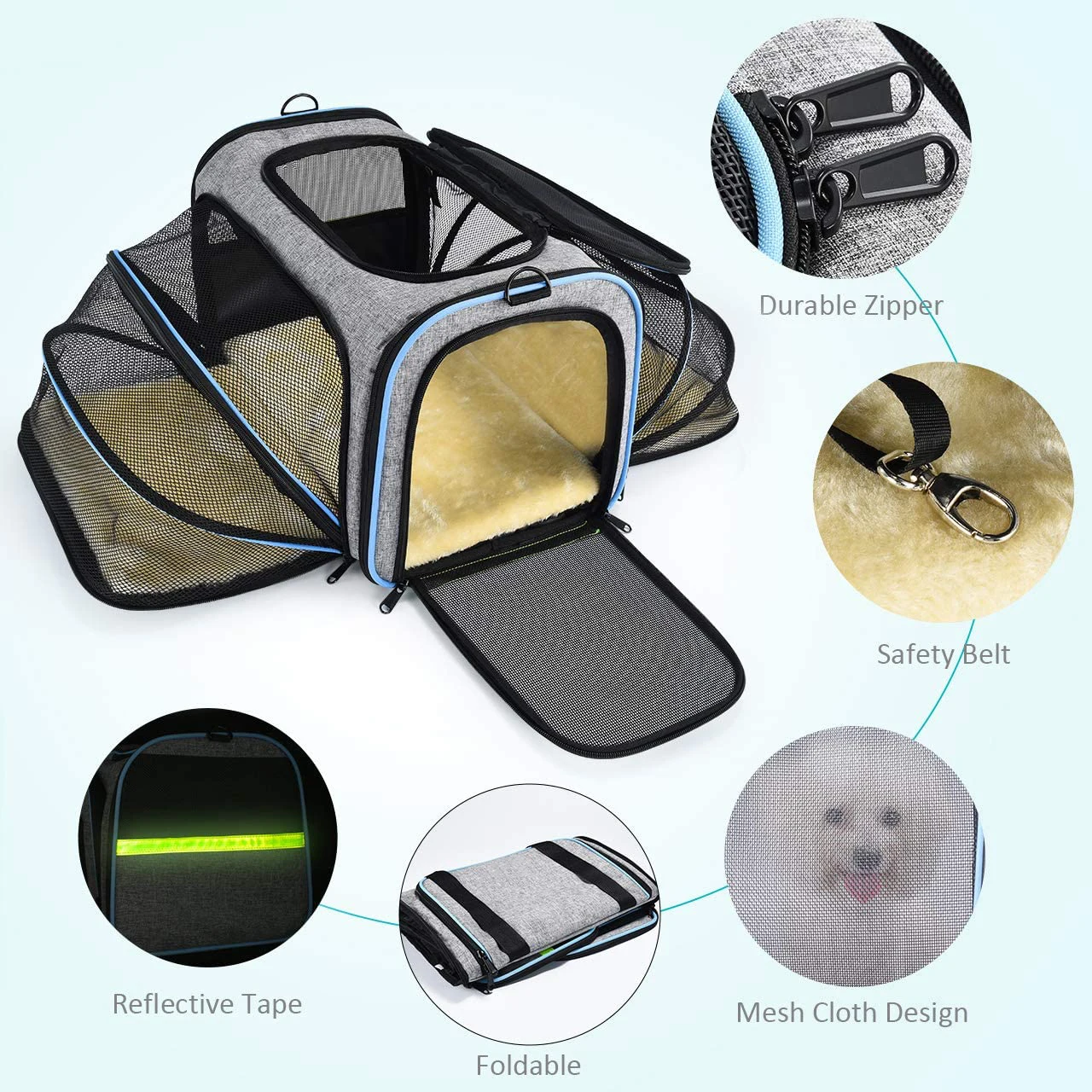 

Airline Approved Expandable Foldable Soft Dog Carrier, 5 Open Doors, Reflective Tapes, Cat Travel Bag, Pet